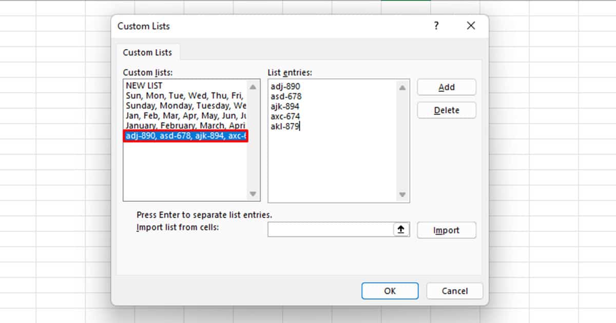 Select Custom List in Excel