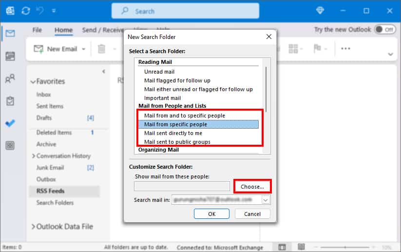 Specify Mail from People and Lists for Outlook Search Folder