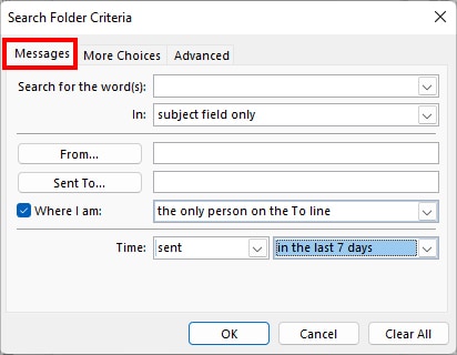 Specify message properties in Search Folder