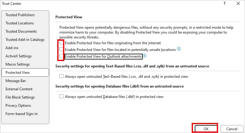Untick all the options for Protected View and hit OK