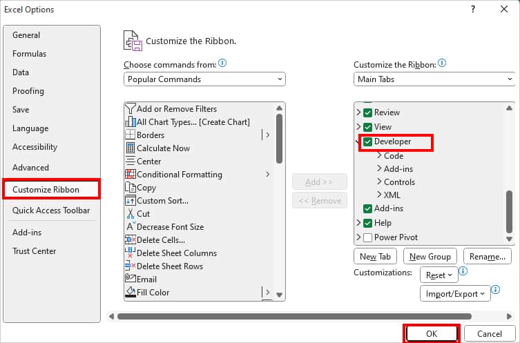 head to Customize Ribbon category and tick the box for Developer Tab