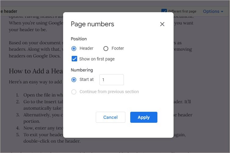 page number settings