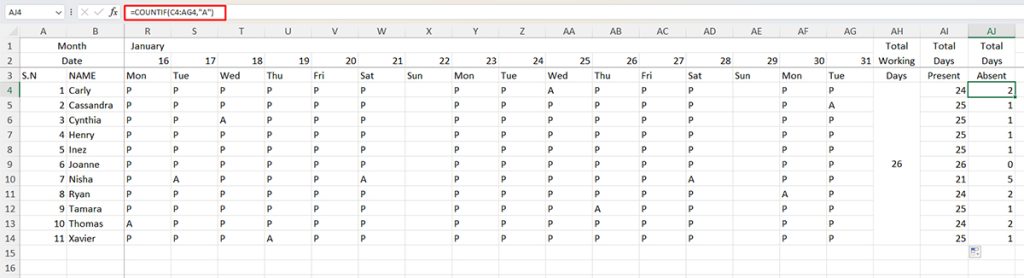 Calculate Total Days Absent Excel