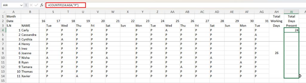 Calculate Total Days Present Excel