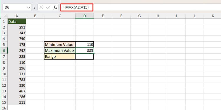 Calculate the maximum value in a range