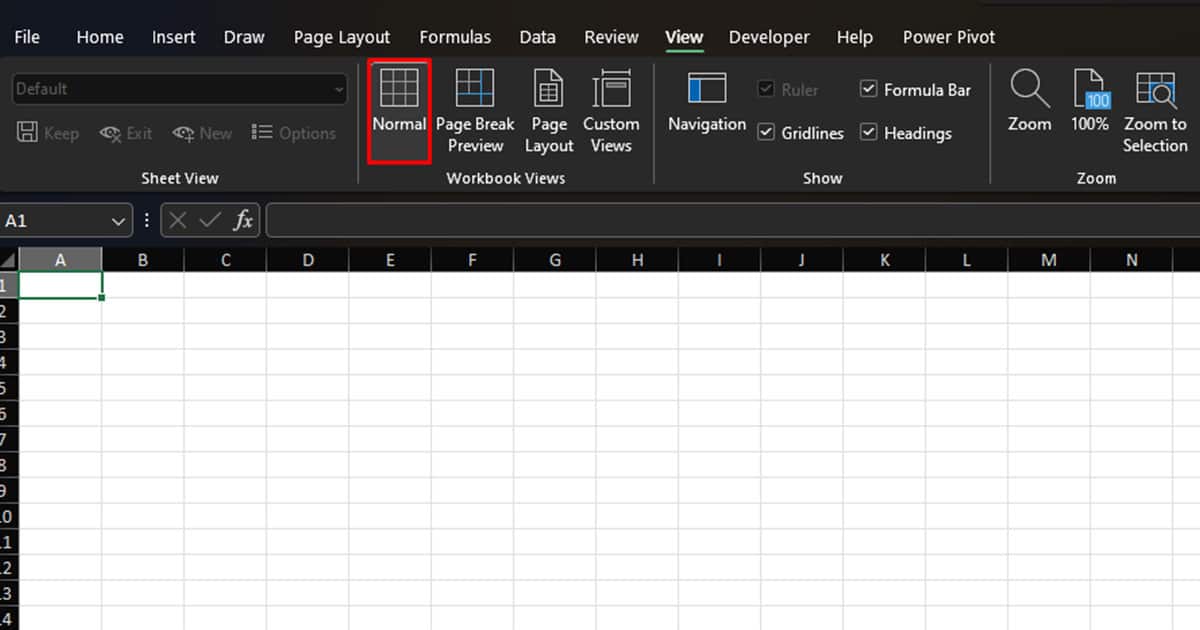 Change to Normal view Excel
