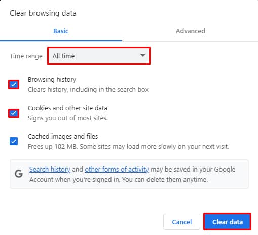 Clear browsing data, cache and cookies for chrome