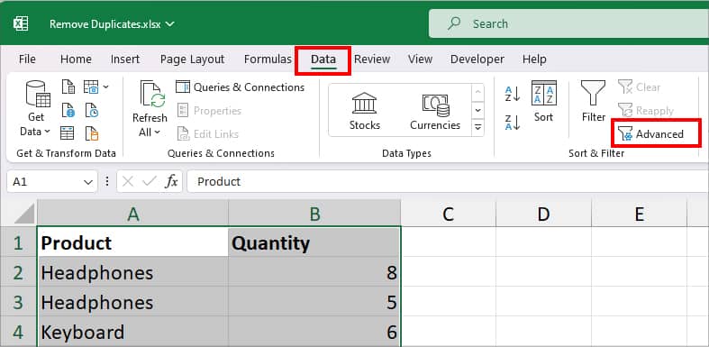 Click Data Tab. From Sort & Filter, select Advanced