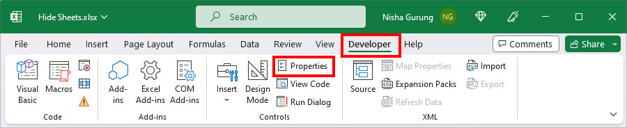 Click Developer Tab and select Properties