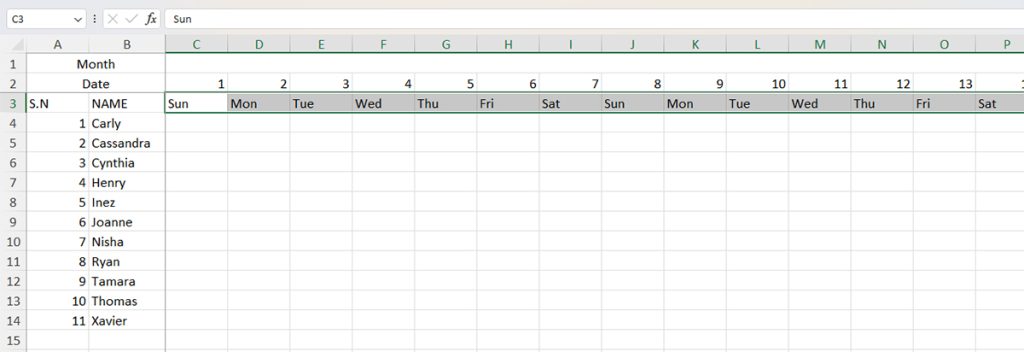 Enter Days of the week Excel