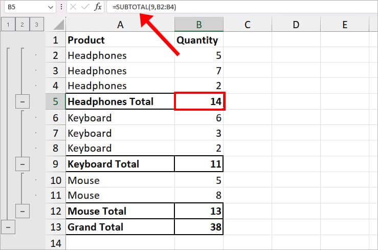 Find subtotal using the Subtotal feature