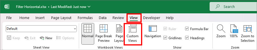 From Workbook Views Section, click on Custom Views