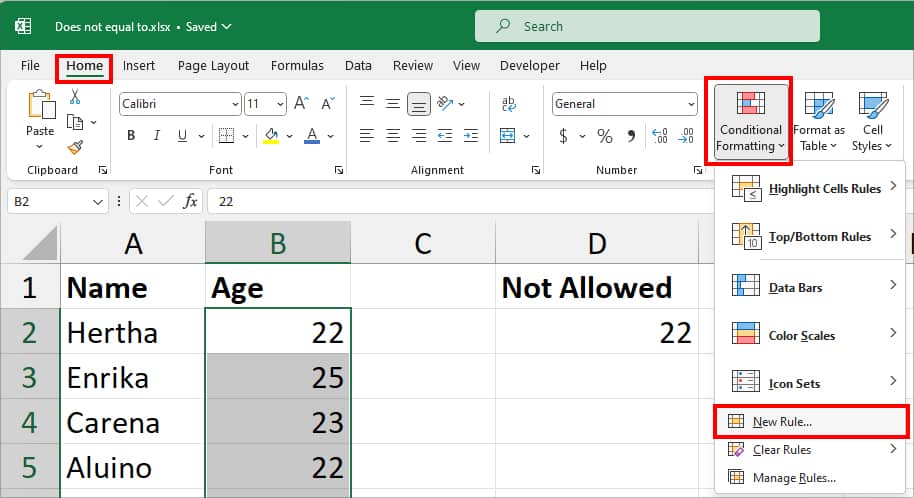 From the Home tab, click on Conditional Formatting and pick New Rule