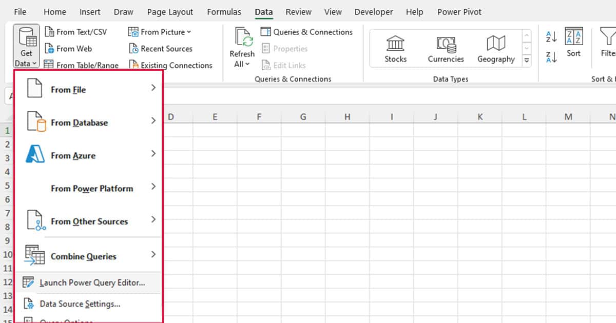 Get Data Fly-out Excel