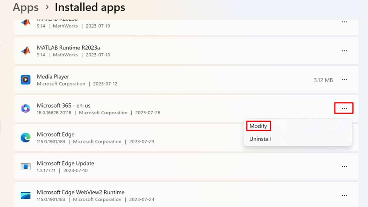 Modify Apps in Windows