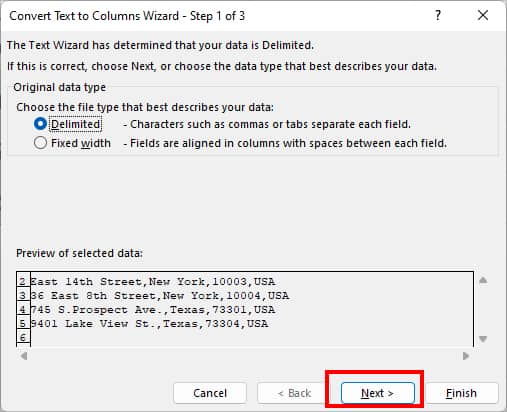 On Convert Text to Columns Wizard window, choose Delimited and click Next