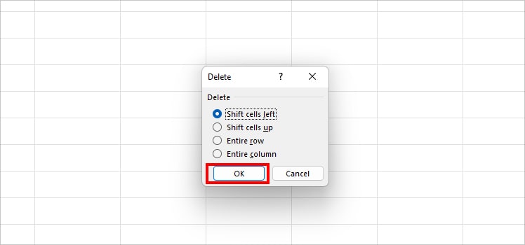 On the Delete window, choose one of the options and click OK