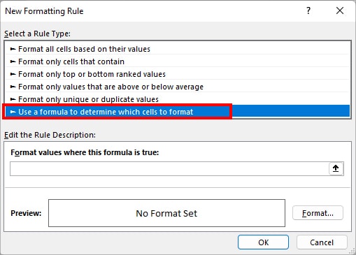 On the New Formatting Rule window, click Use a formula to determine which cells to format