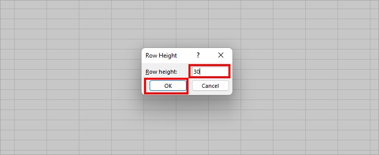 On the Row Height window, enter a Size and click OK