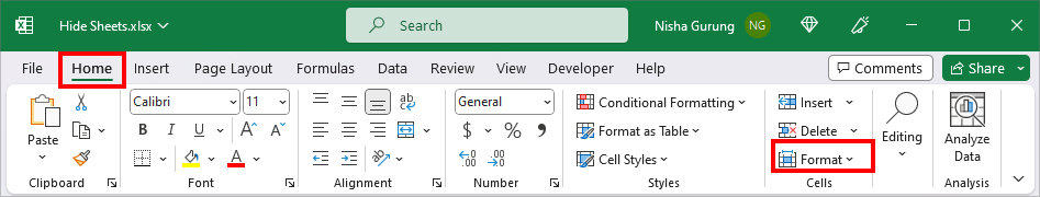 On your Excel Sheet, go to Home Tab and click Format in the cells group