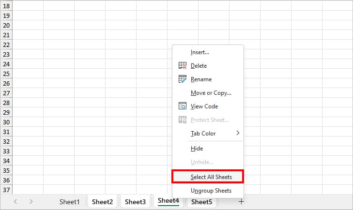 Right-click on any one Sheet and pick Select All Sheets