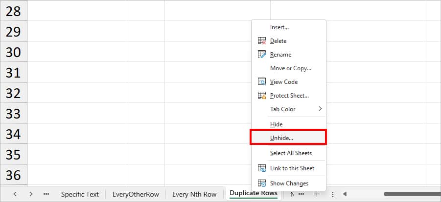Right-click on any one of the available Sheets-Unhide