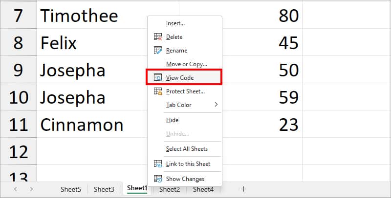 Right-click on the Sheet with Duplicates and pick View Code option