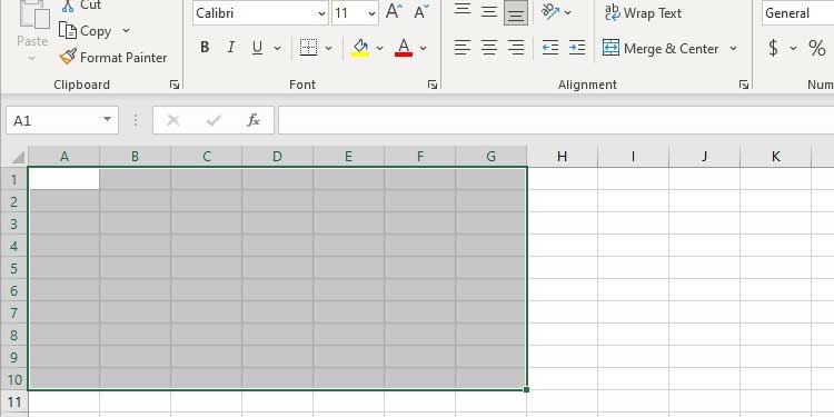 Select the cells for an exact number of rows and columns