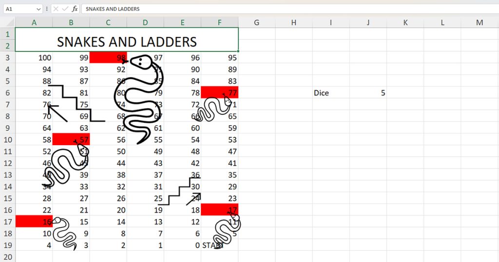 Snakes and Ladder game im Excel