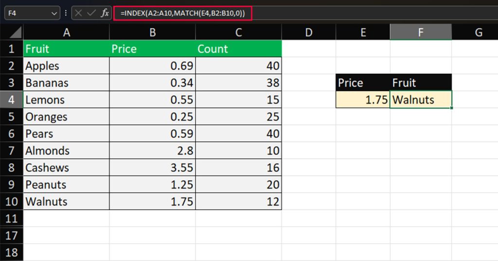 Use INDEX MATCH in Excel