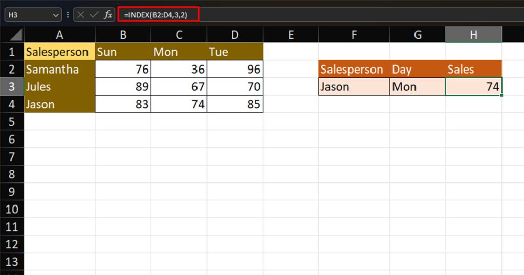 Use INDEX to return value from a table