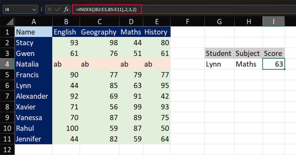 Use INDEX to return value from two areas