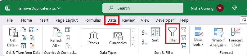 click the Filter menu in the Data Tab
