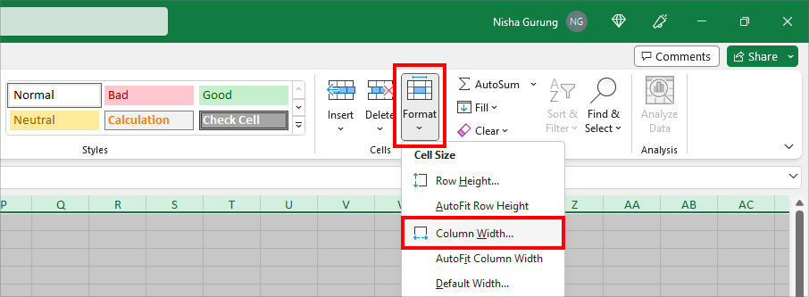 click the Format option on the Home Tab and choose Column Width