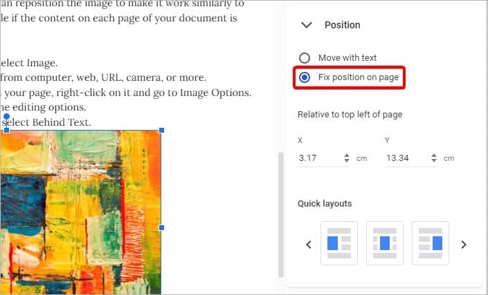 fix position on page