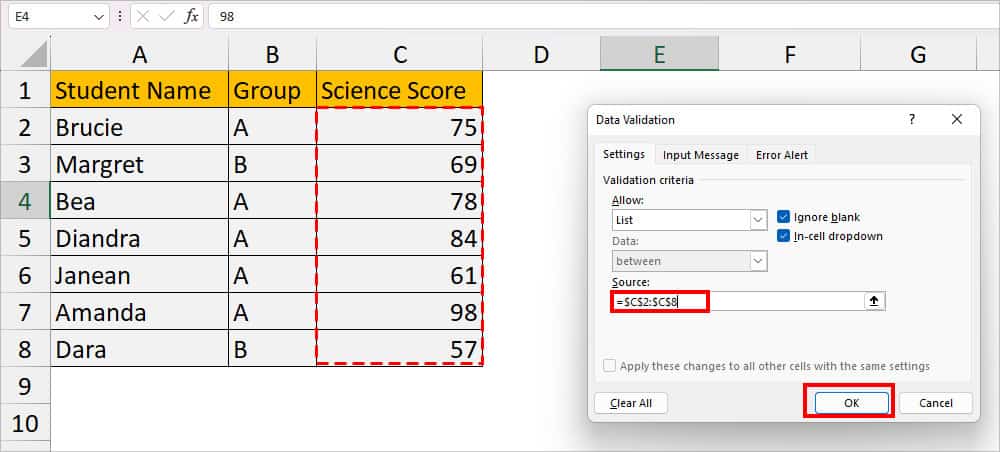 select the Cell ranges of lookup value using the collapse icon and click OK