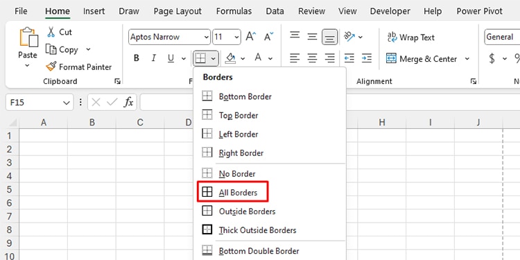 Apply All Borders in Excel