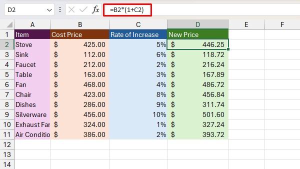 Calculate Increased Amount Using Percentage