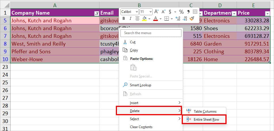 Choose Delete-Entire Sheet Row