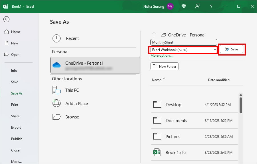 Choose a Excel File format and click Save