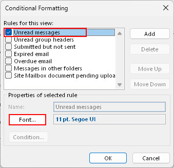 Choose-font-properties-for-Unread-emails Outlook