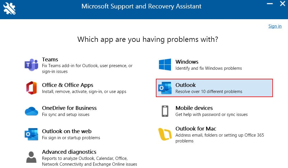 Choose-the-Outlook-app-to-diagnose