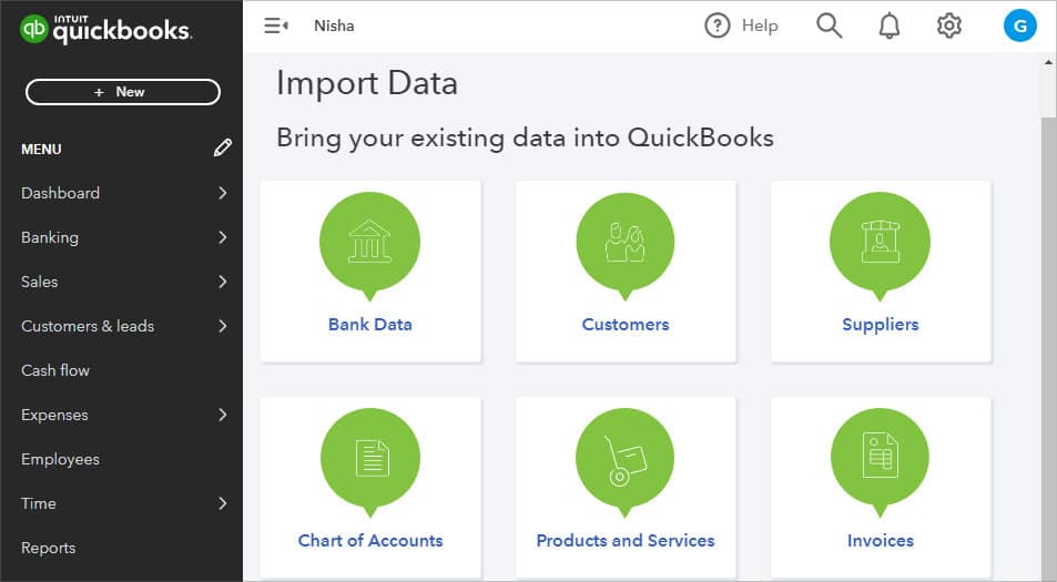Click on any one category to import data
