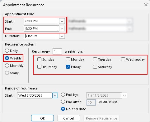 Configure-recurring-options-Outlook-appointment