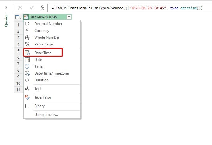 Convert values in date and time format power query