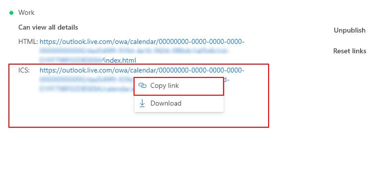 Copy-published-Outlook-calendar-ICS-link