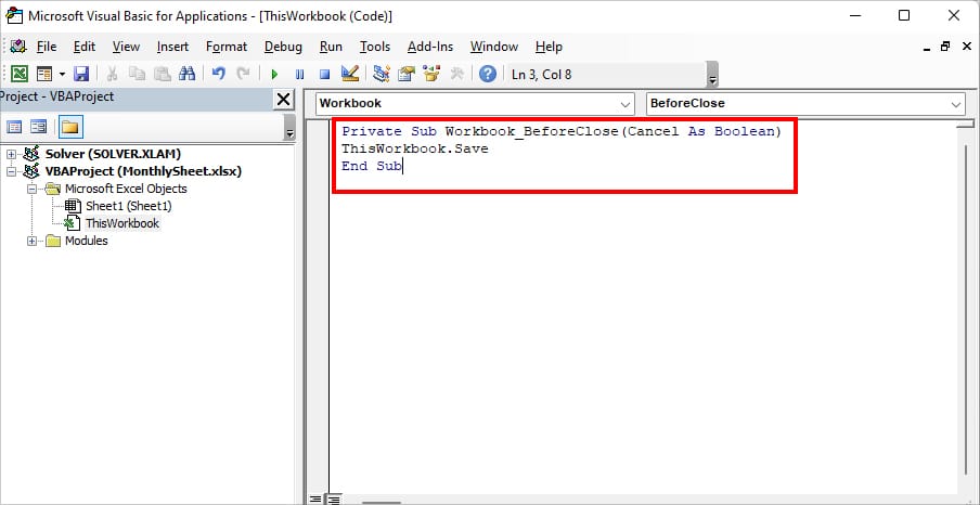 Copy the code in the box and paste it into the VBA window