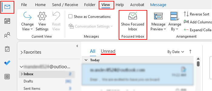 Disable-focused-mode-Outlook-to-restore-Unread-section