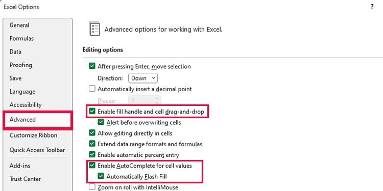 Enable Autofill in Excel