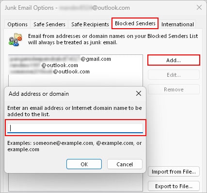 Enter-email-or-domain-to-block-Outlook